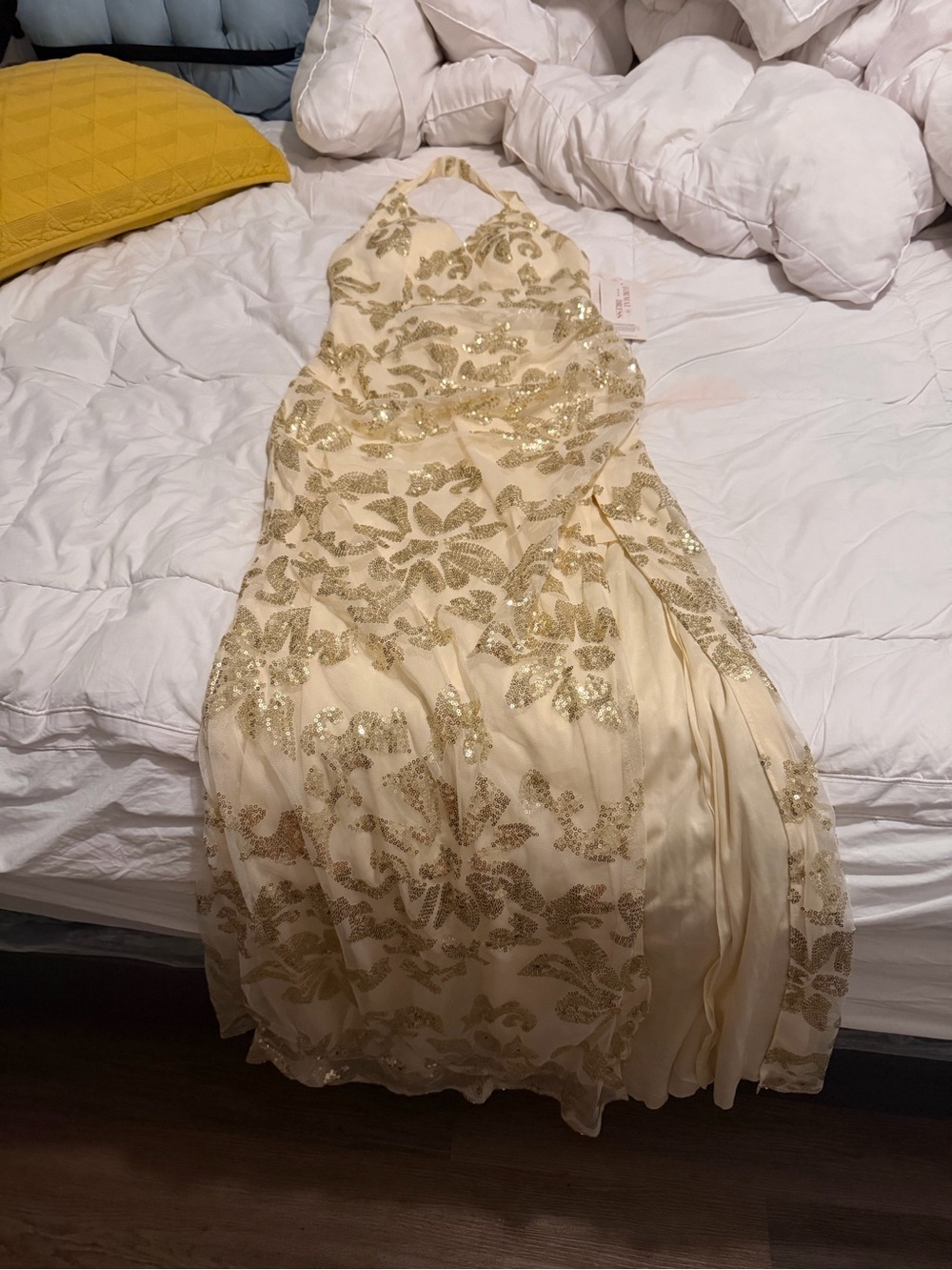Cream Halter Prom Dress with Gold Sequin Embellishment
